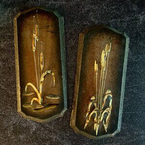Vintage MCM Cattail on Wood Wall Plaque